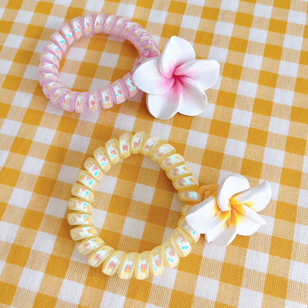 Cute Plumeria Charm Hair Ties (Pink and Yellow)