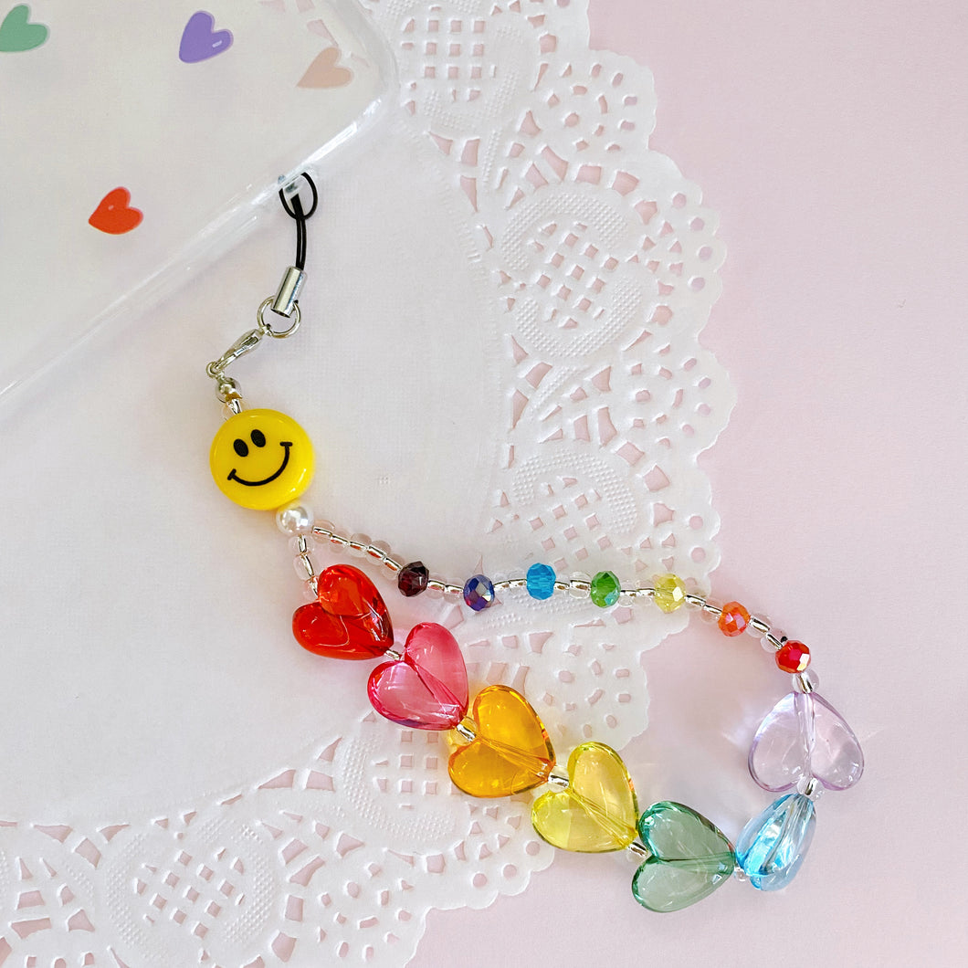 Cute Beaded Phone Strap Holder with Smiley Face and Heart Charms