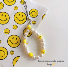 Load image into Gallery viewer, Pearl Phone Charm Strap with Cute Smiley Face Beads
